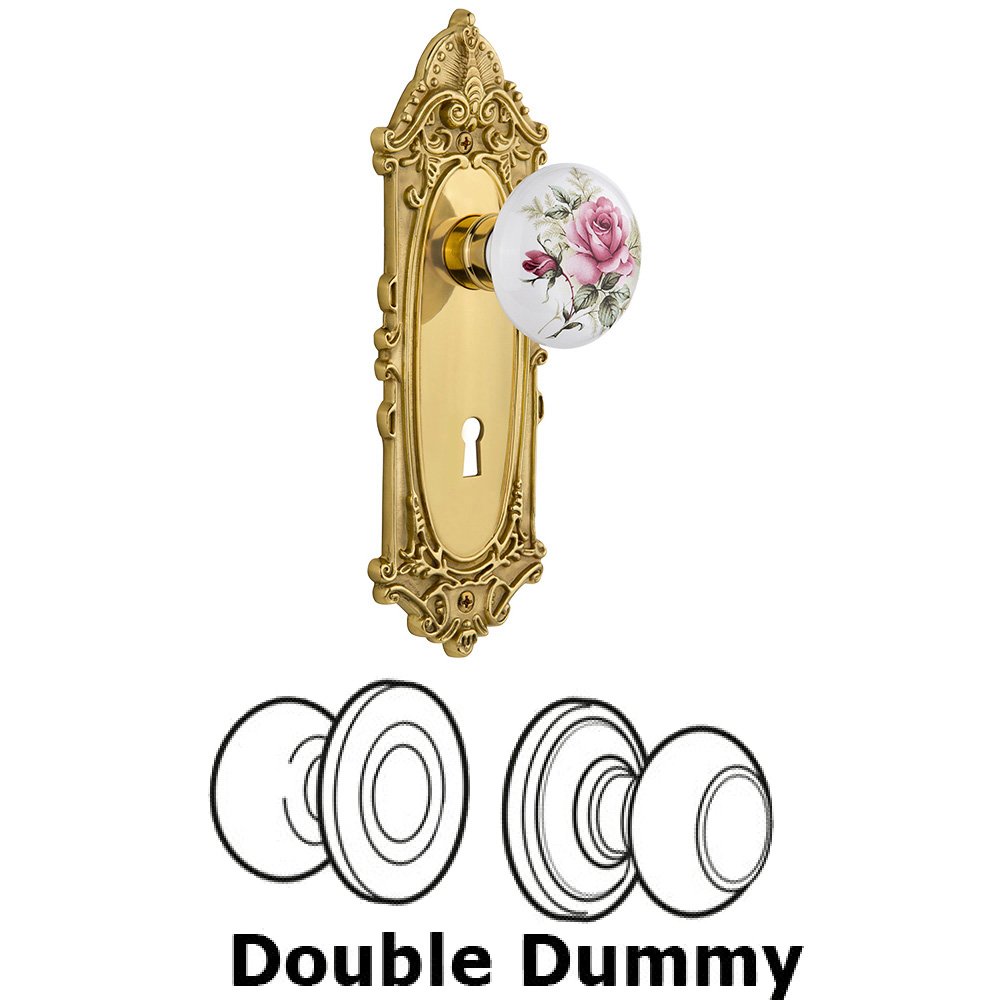 Nostalgic Warehouse Double Dummy Set With Keyhole - Victorian Plate with Rose Porcelain Knob in Unlacquered Brass