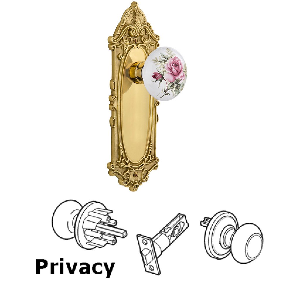 Nostalgic Warehouse Complete Privacy Set Without Keyhole - Victorian Plate with Rose Porcelain Knob in Unlacquered Brass