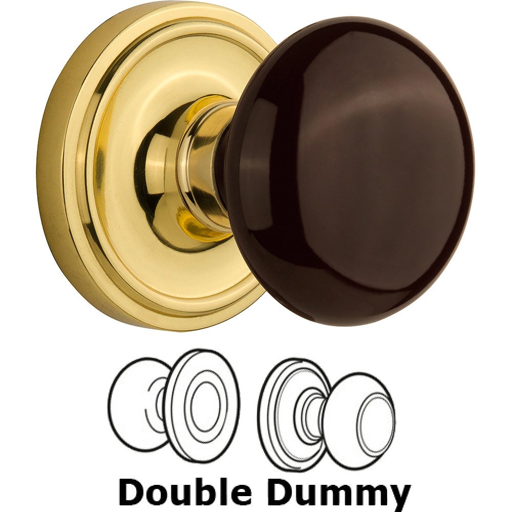 Nostalgic Warehouse Double Dummy Classic Rosette with Brown Porcelain Knob in Unlacquered Brass