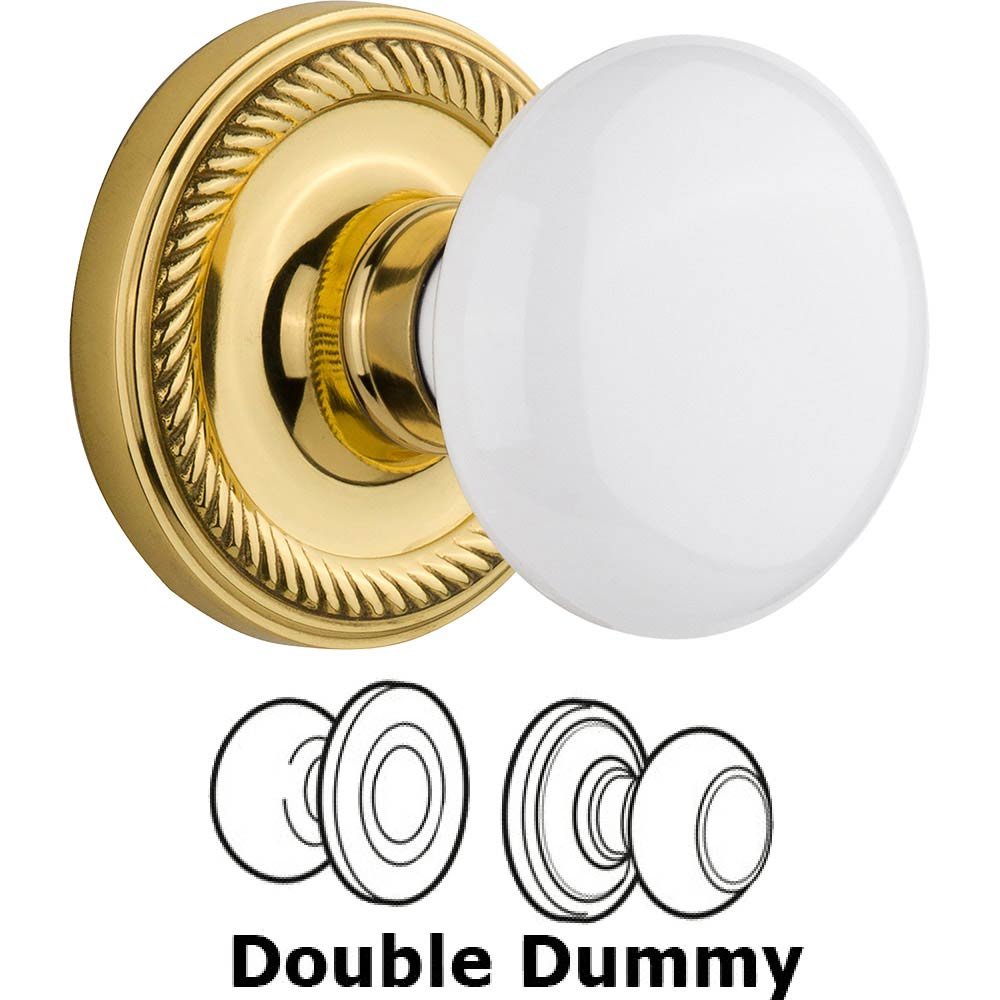 Nostalgic Warehouse Double Dummy Rope Rosette with White Porcelain Knob in Unlacquered Brass