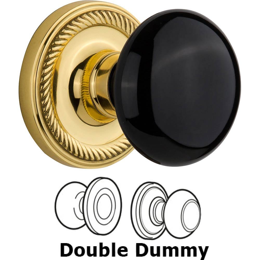 Nostalgic Warehouse Double Dummy Rope Rosette with Black Porcelain Knob in Unlacquered Brass