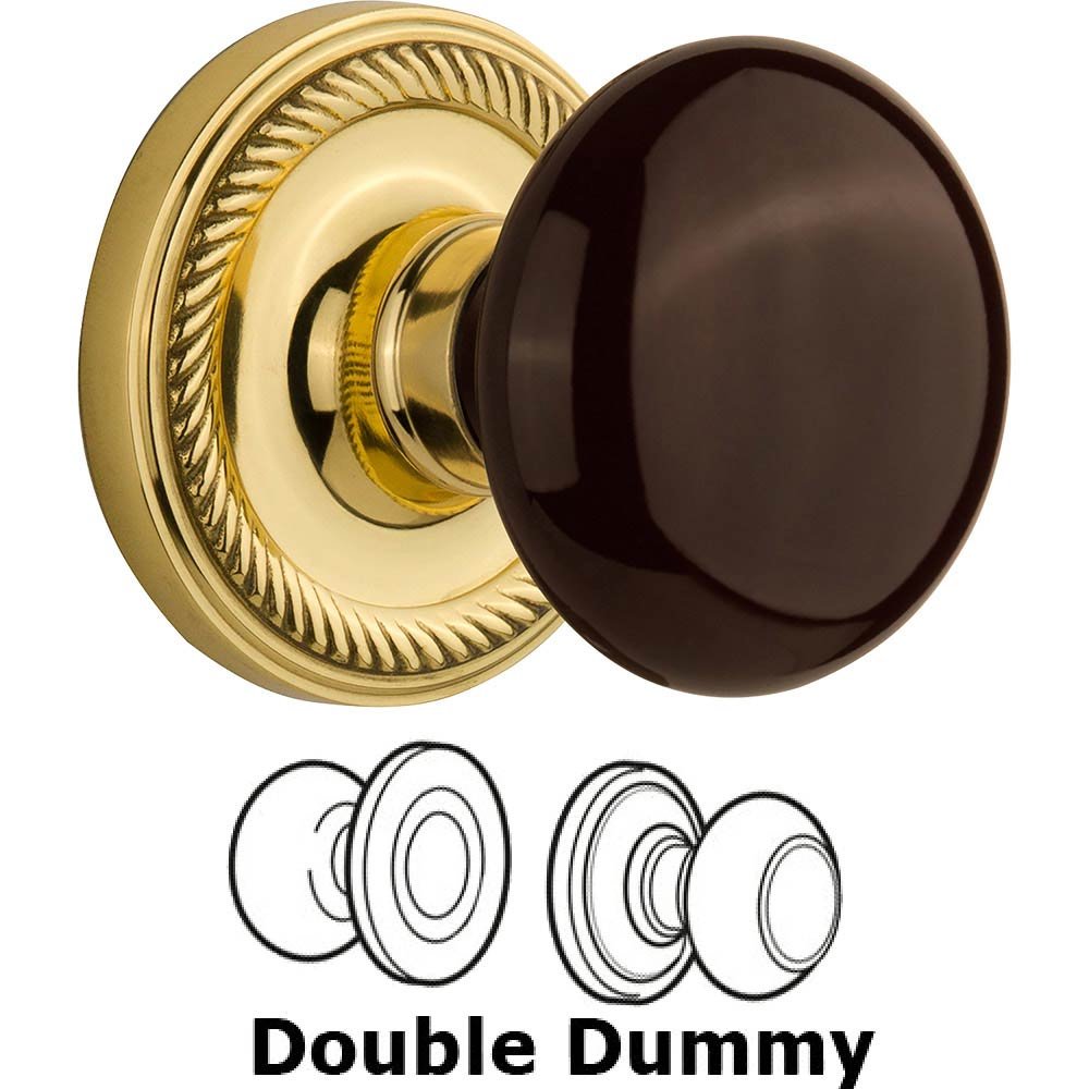 Nostalgic Warehouse Double Dummy Rope Rosette with Brown Porcelain Knob in Unlacquered Brass