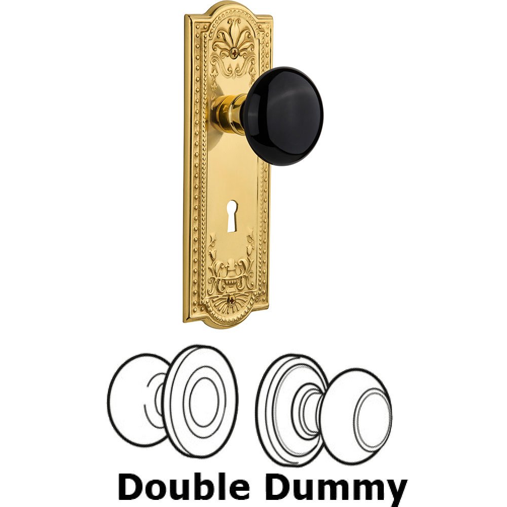 Nostalgic Warehouse Double Dummy Meadows Plate with Black Porcelain Knob and Keyhole in Unlacquered Brass