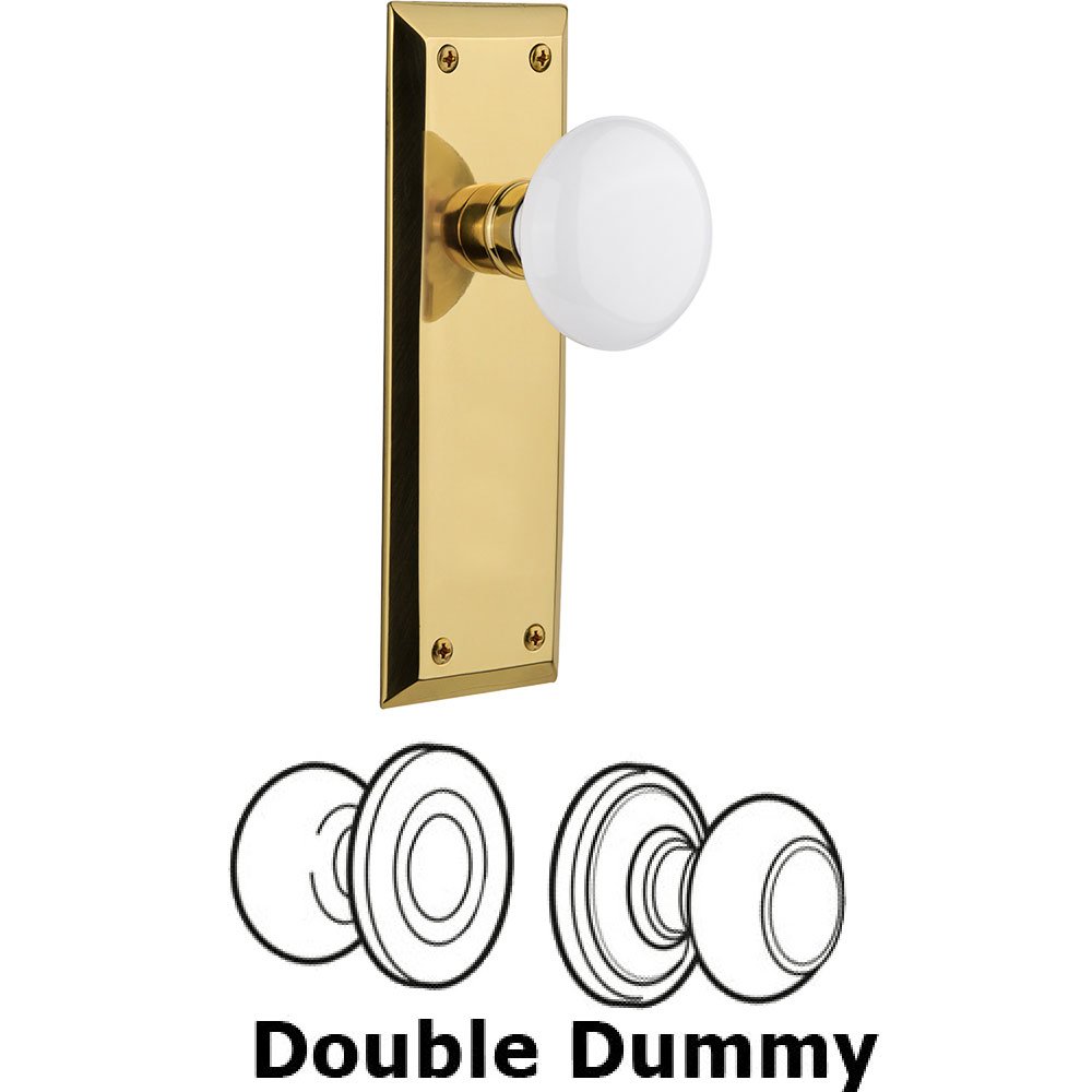 Nostalgic Warehouse Double Dummy New York Plate with White Porcelain Knob in Unlacquered Brass