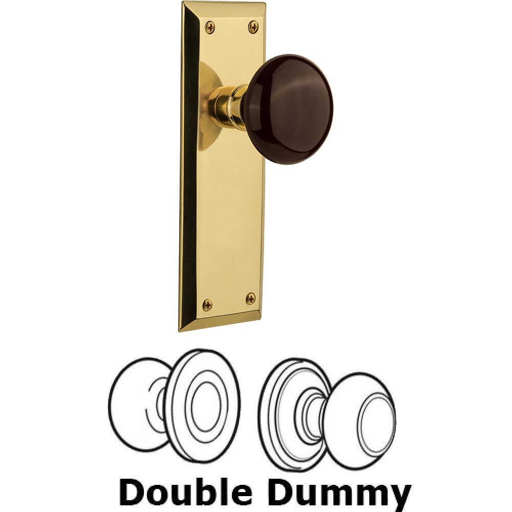 Nostalgic Warehouse Double Dummy New York Plate with Brown Porcelain Knob in Unlacquered Brass