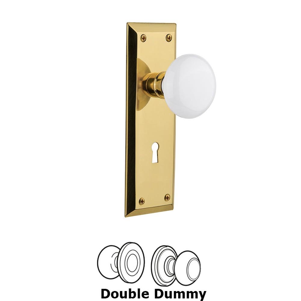 Nostalgic Warehouse Double Dummy New York Plate with White Porcelain Knob and Keyhole in Unlacquered Brass