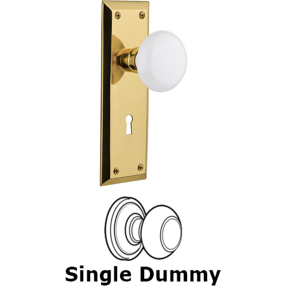 Nostalgic Warehouse Single Dummy New York Plate with White Porcelain Knob and Keyhole in Unlacquered Brass