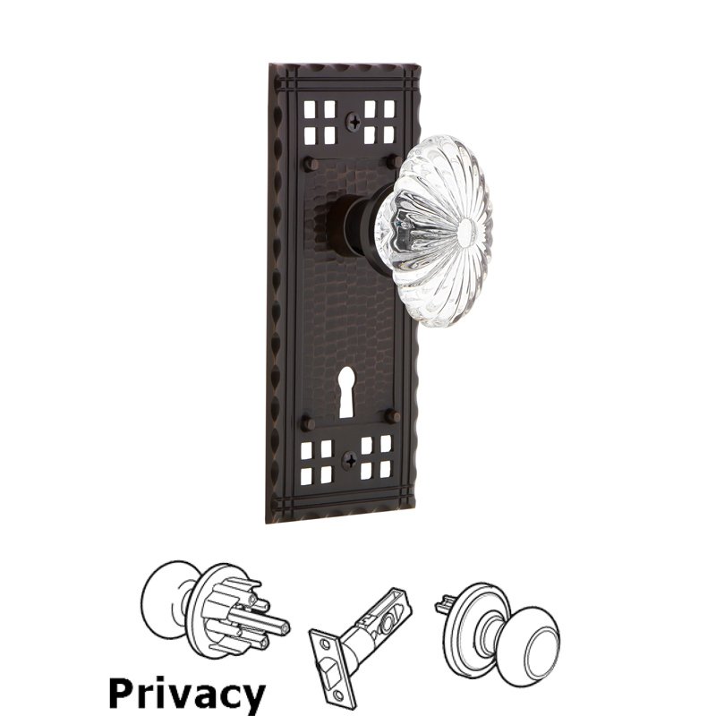 Nostalgic Warehouse Privacy Craftsman Plate with Keyhole and Oval Fluted Crystal Glass Door Knob in Timeless Bronze