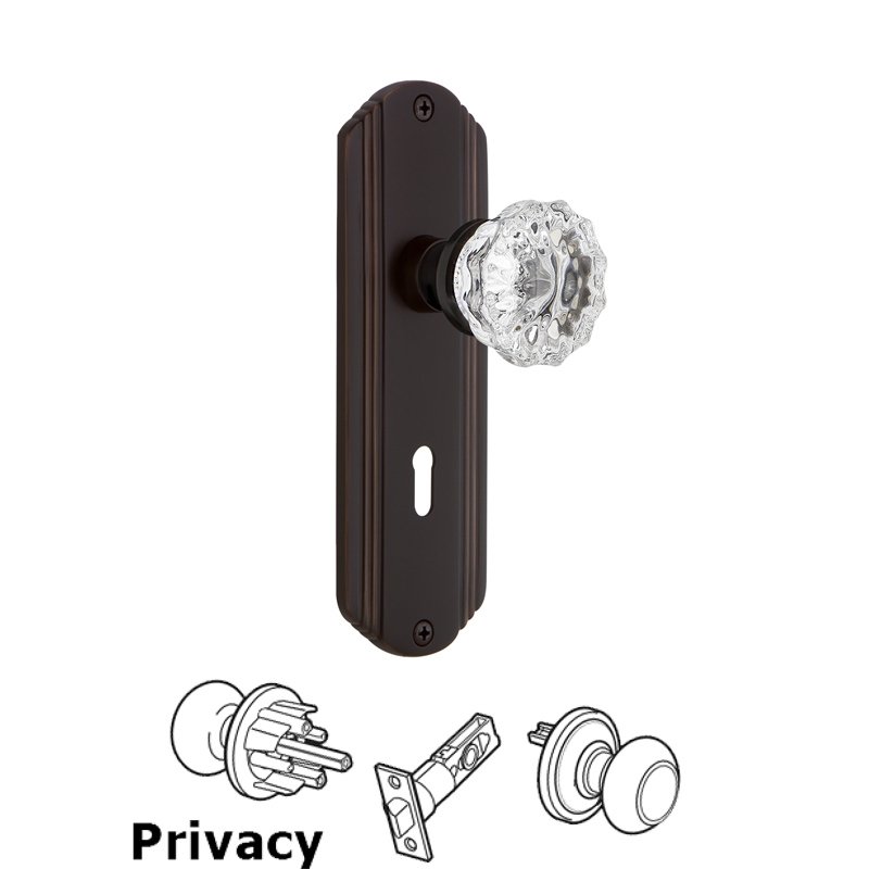 Nostalgic Warehouse Complete Privacy Set with Keyhole - Deco Plate with Crystal Glass Door Knob in Timeless Bronze