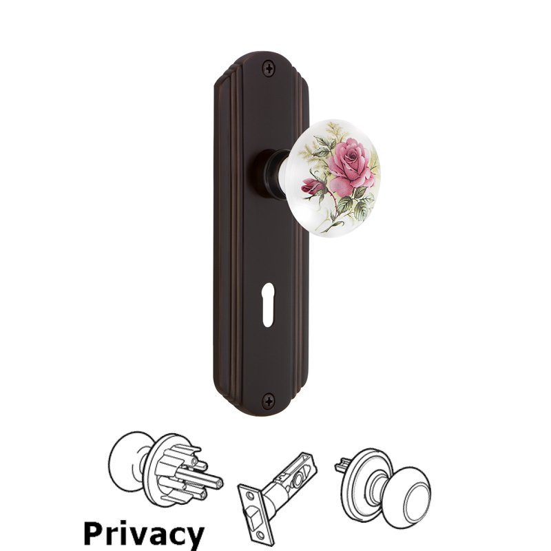 Nostalgic Warehouse Complete Privacy Set with Keyhole - Deco Plate with White Rose Porcelain Door Knob in Timeless Bronze