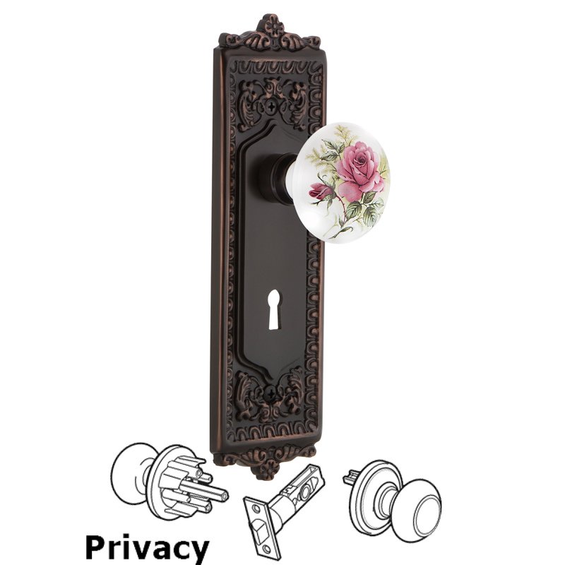 Nostalgic Warehouse Complete Privacy Set with Keyhole - Egg & Dart Plate with White Rose Porcelain Door Knob in Timeless Bronze