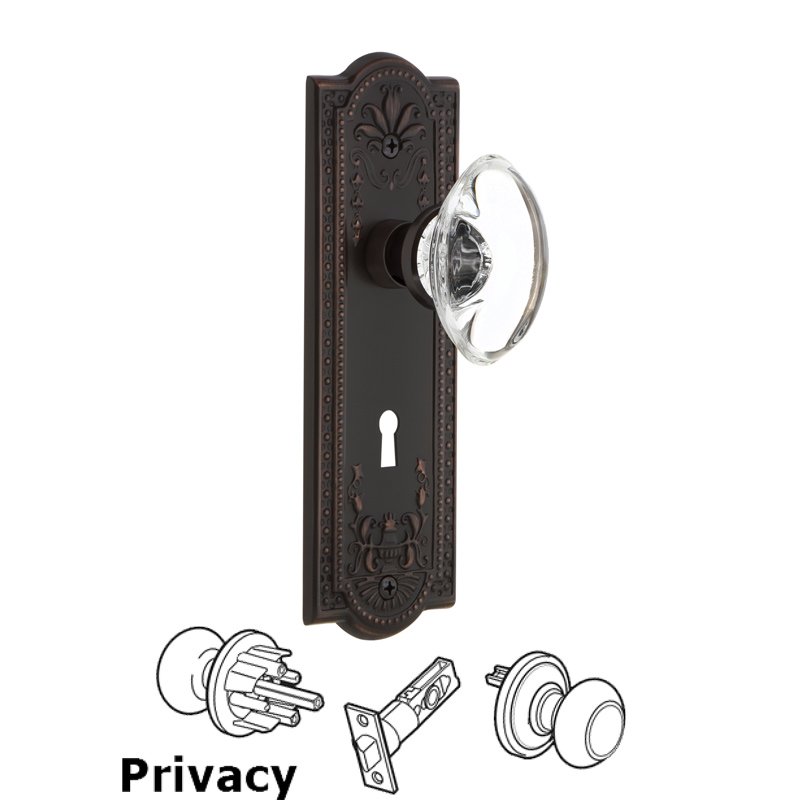 Nostalgic Warehouse Complete Privacy Set with Keyhole - Meadows Plate with Oval Clear Crystal Glass Door Knob in Timeless Bronze