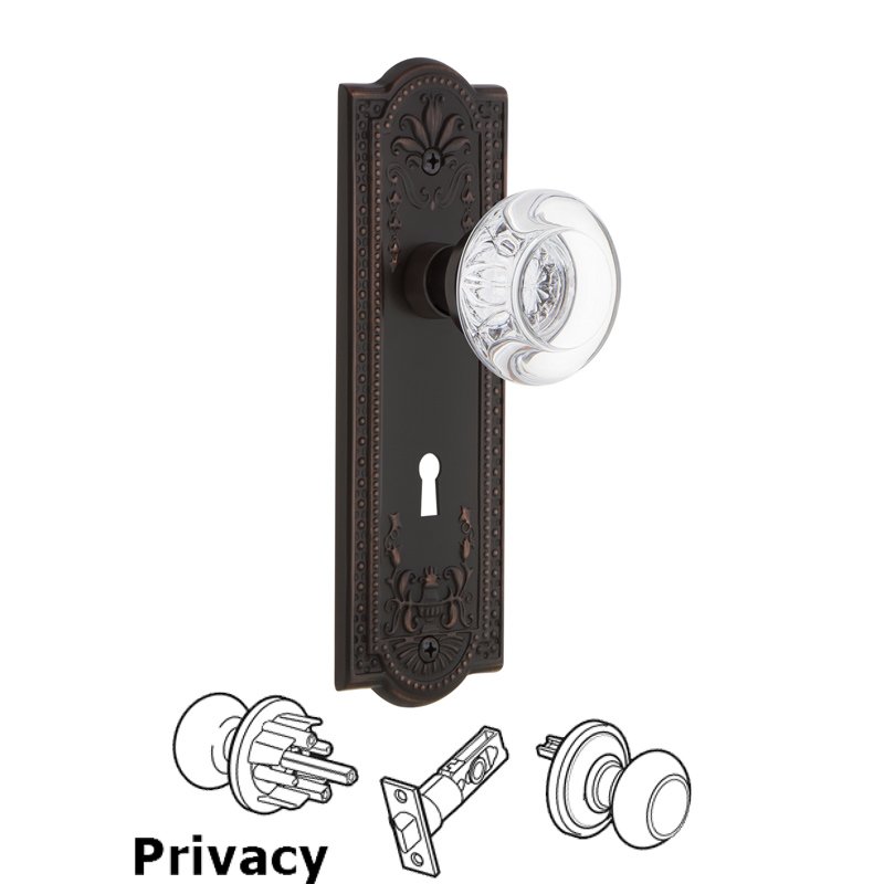 Nostalgic Warehouse Privacy Meadows Plate with Keyhole and Round Clear Crystal Glass Door Knob in Timeless Bronze