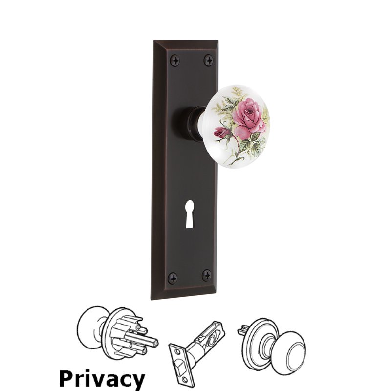 Nostalgic Warehouse Complete Privacy Set with Keyhole - New York Plate with White Rose Porcelain Door Knob in Timeless Bronze