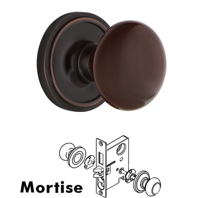 Nostalgic Warehouse Complete Mortise Lockset with Keyhole - Classic Rosette with Brown Porcelain Door Knob in Timeless Bronze