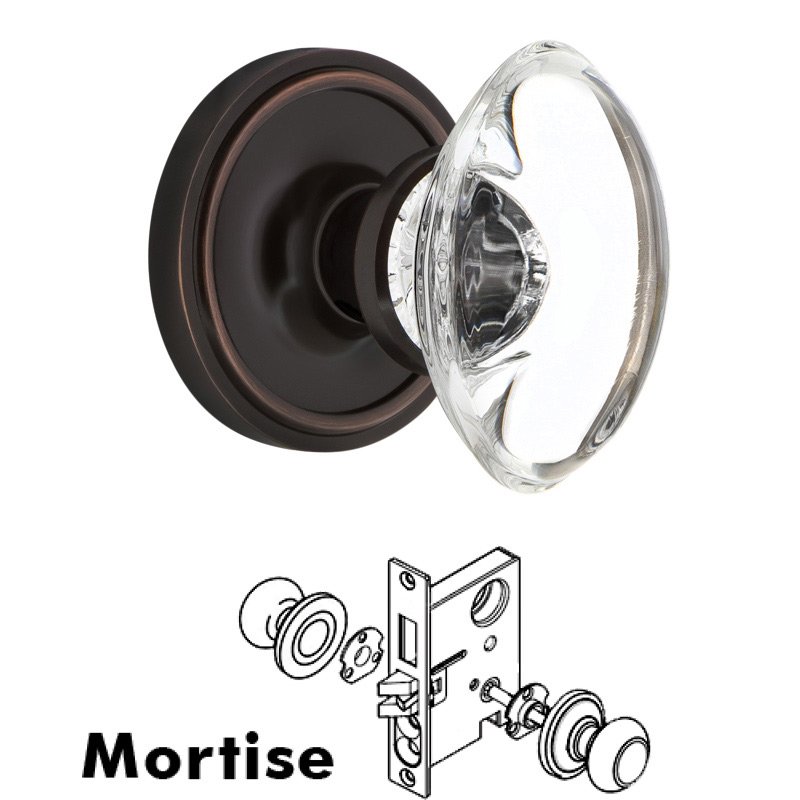Nostalgic Warehouse Complete Mortise Lockset with Keyhole - Classic Rosette with Oval Clear Crystal Glass Door Knob in Timeless Bronze