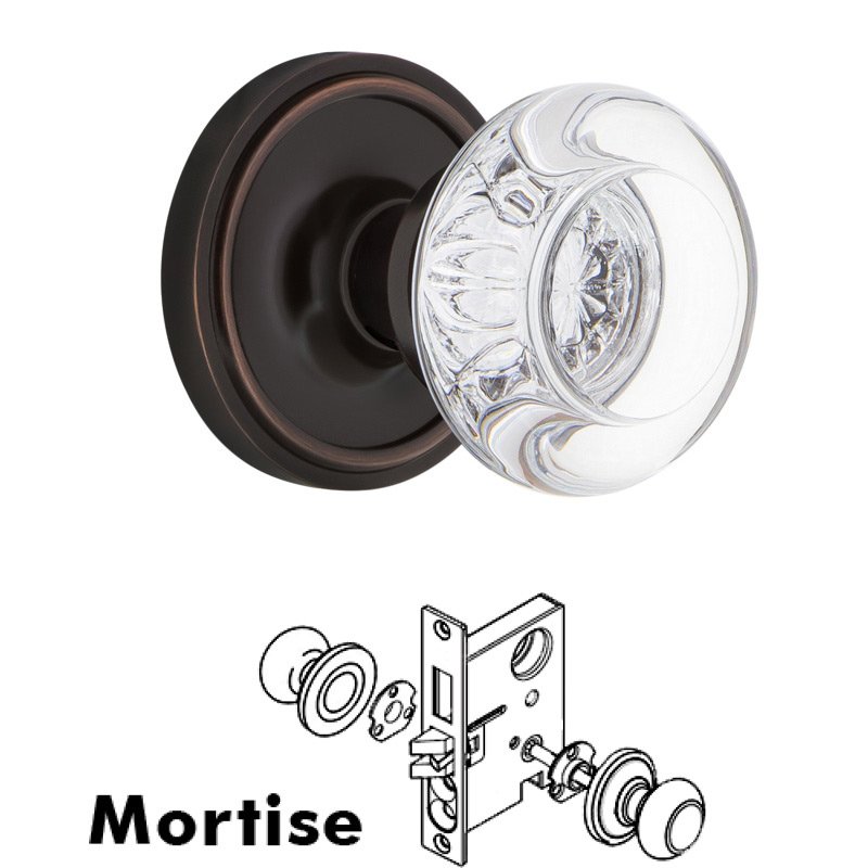 Nostalgic Warehouse Complete Mortise Lockset with Keyhole - Classic Rosette with Round Clear Crystal Glass Door Knob in Timeless Bronze