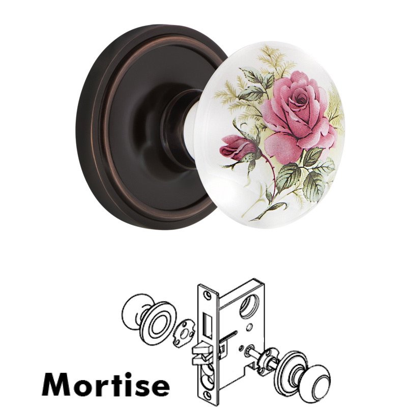 Nostalgic Warehouse Complete Mortise Lockset with Keyhole - Classic Rosette with White Rose Porcelain Door Knob in Timeless Bronze