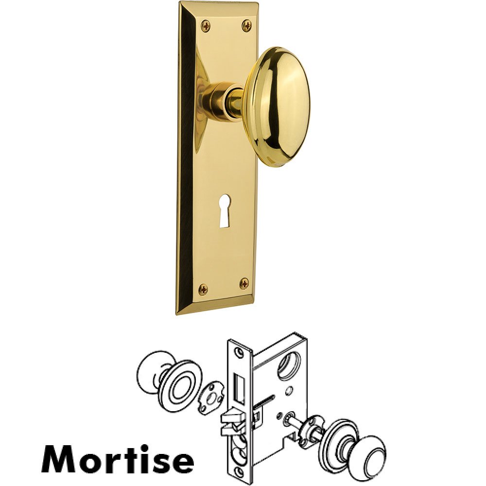 Nostalgic Warehouse Mortise New York Plate with Homestead Knob and Keyhole in Unlacquered Brass