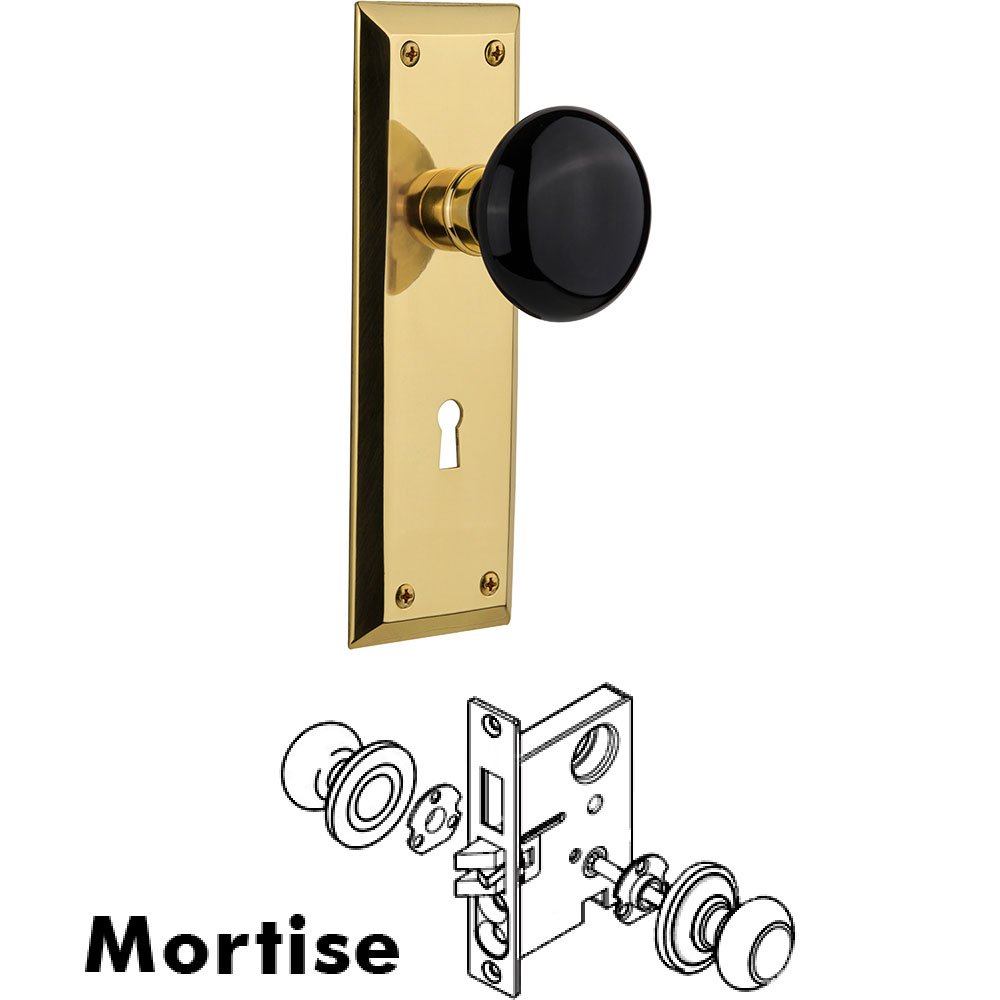 Nostalgic Warehouse Mortise New York Plate with Black Porcelain Knob and Keyhole in Unlacquered Brass