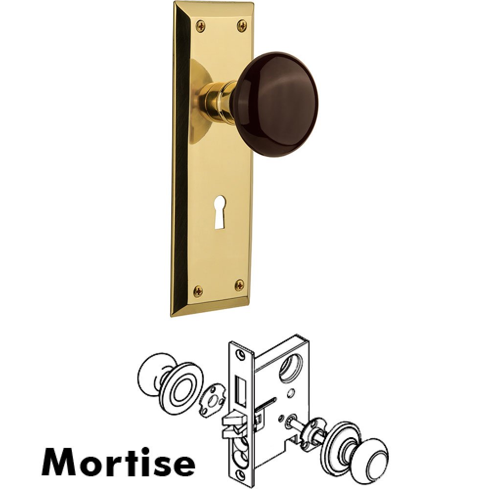 Nostalgic Warehouse Mortise New York Plate with Brown Porcelain Knob and Keyhole in Unlacquered Brass