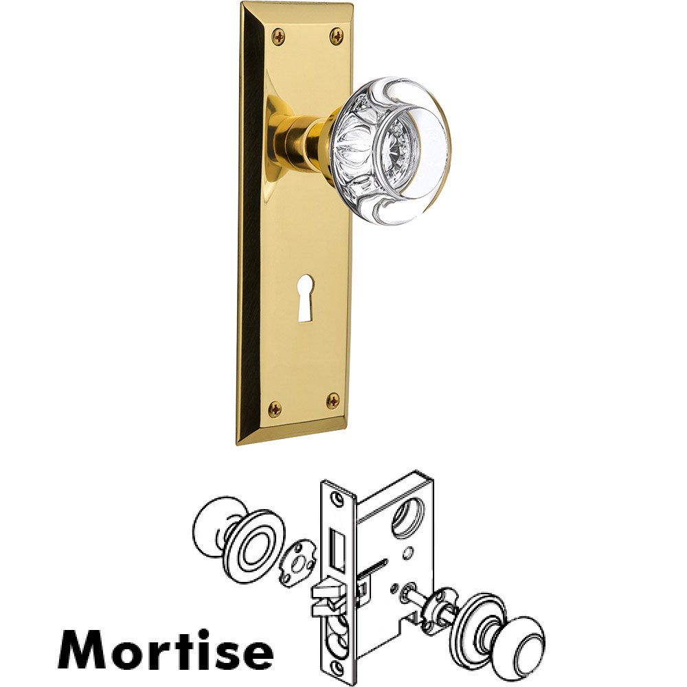 Nostalgic Warehouse Mortise New York Plate with Round Clear Crystal Knob and Keyhole in Unlacquered Brass