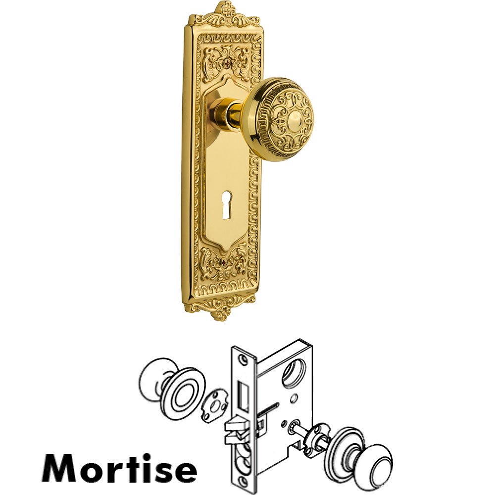 Nostalgic Warehouse Mortise Egg and Dart Plate with Egg and Dart Knob and Keyhole in Unlacquered Brass