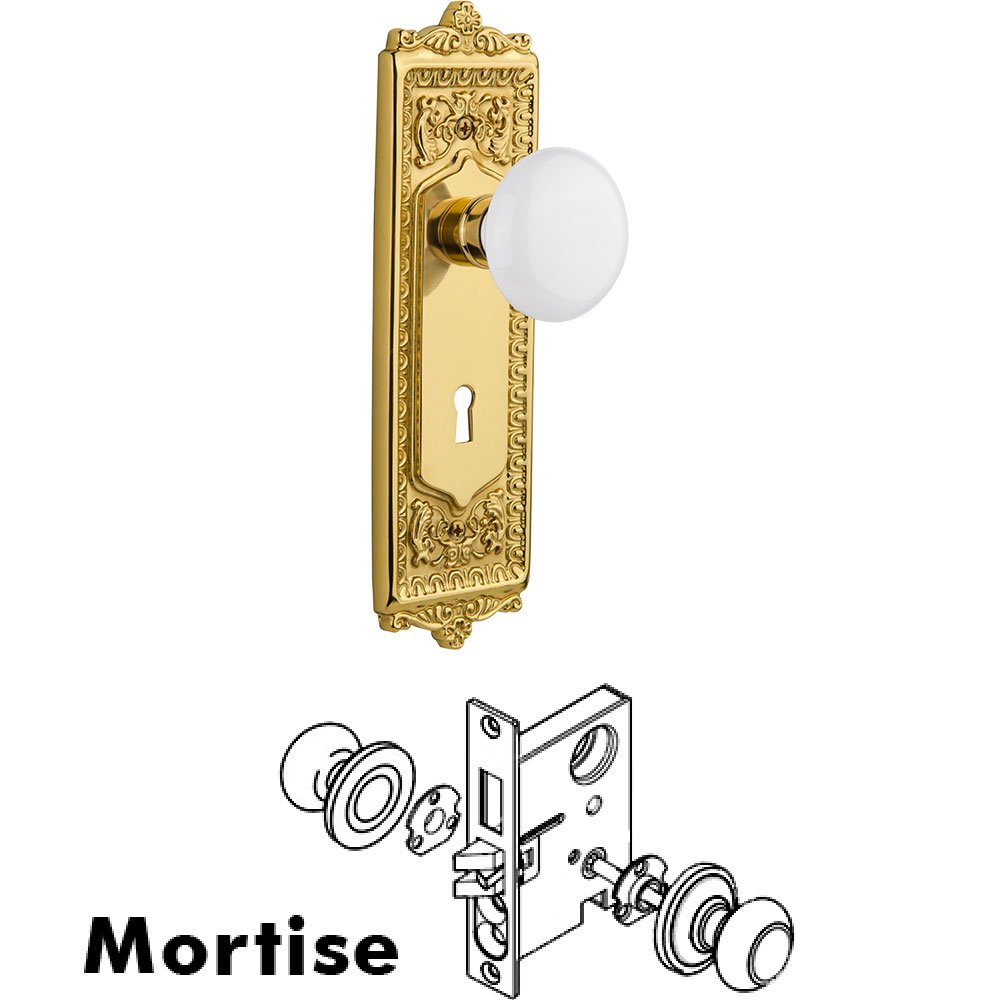 Nostalgic Warehouse Mortise Egg and Dart Plate with White Porcelain Knob and Keyhole in Unlacquered Brass