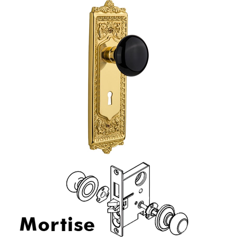 Nostalgic Warehouse Mortise Egg and Dart Plate with Black Porcelain Knob and Keyhole in Unlacquered Brass