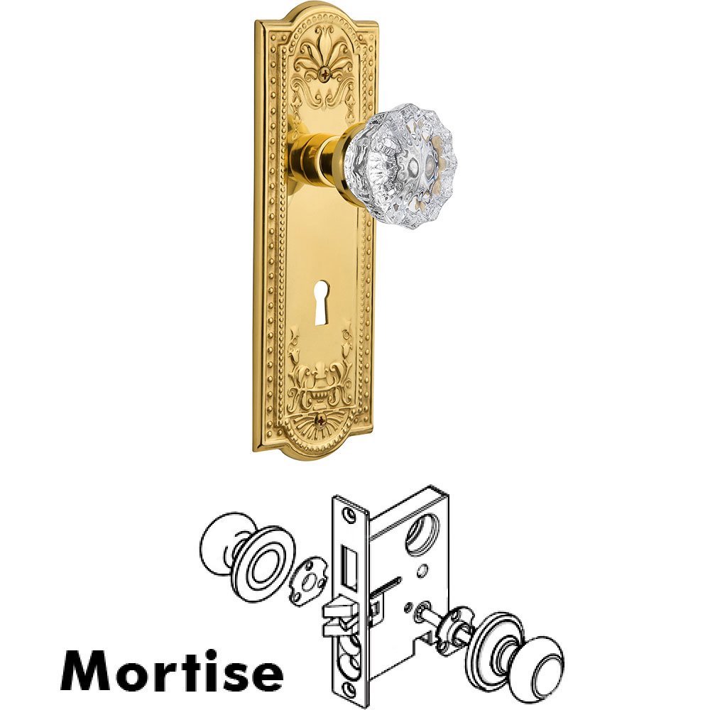 Nostalgic Warehouse Mortise Meadows Plate with Crystal Knob and Keyhole in Unlacquered Brass