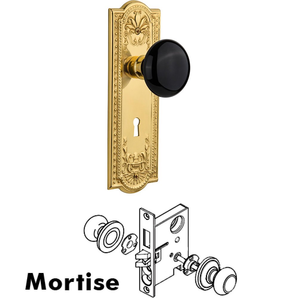 Nostalgic Warehouse Mortise Meadows Plate with Black Porcelain Knob and Keyhole in Unlacquered Brass