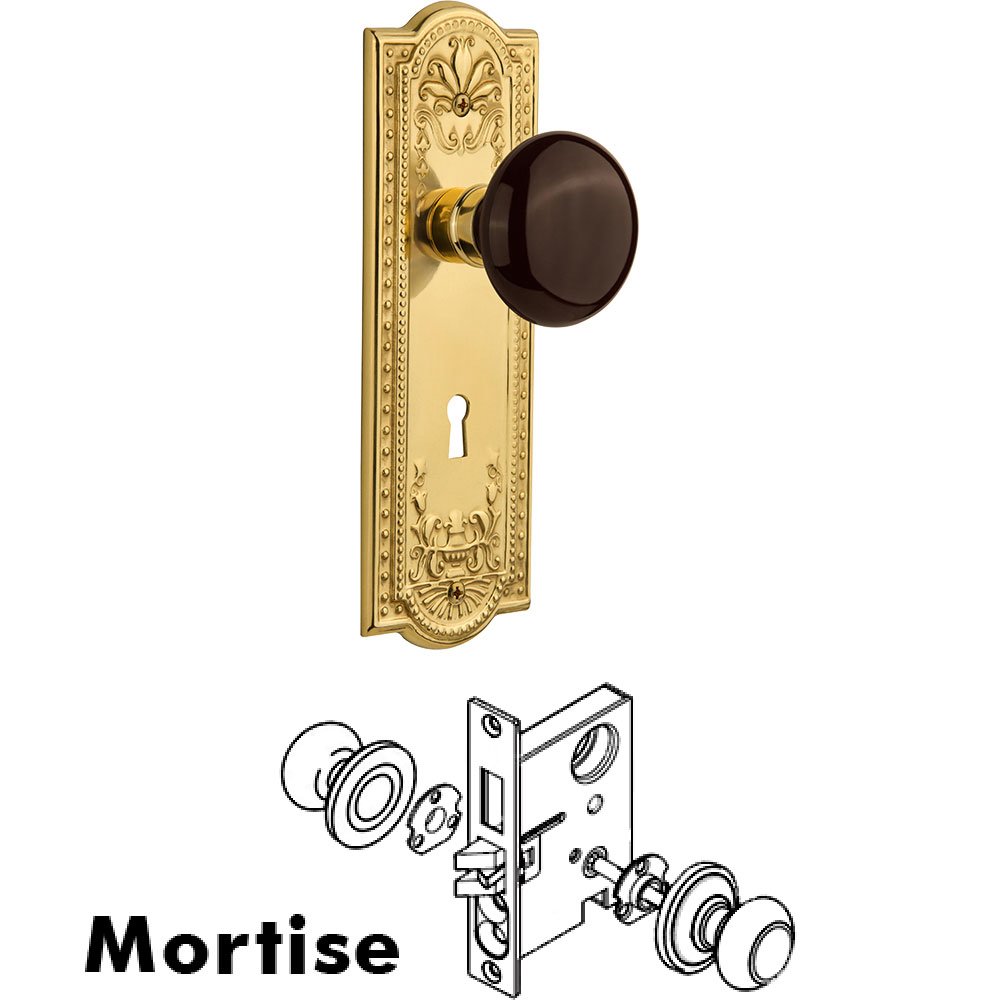 Nostalgic Warehouse Mortise Meadows Plate with Brown Porcelain Knob and Keyhole in Unlacquered Brass