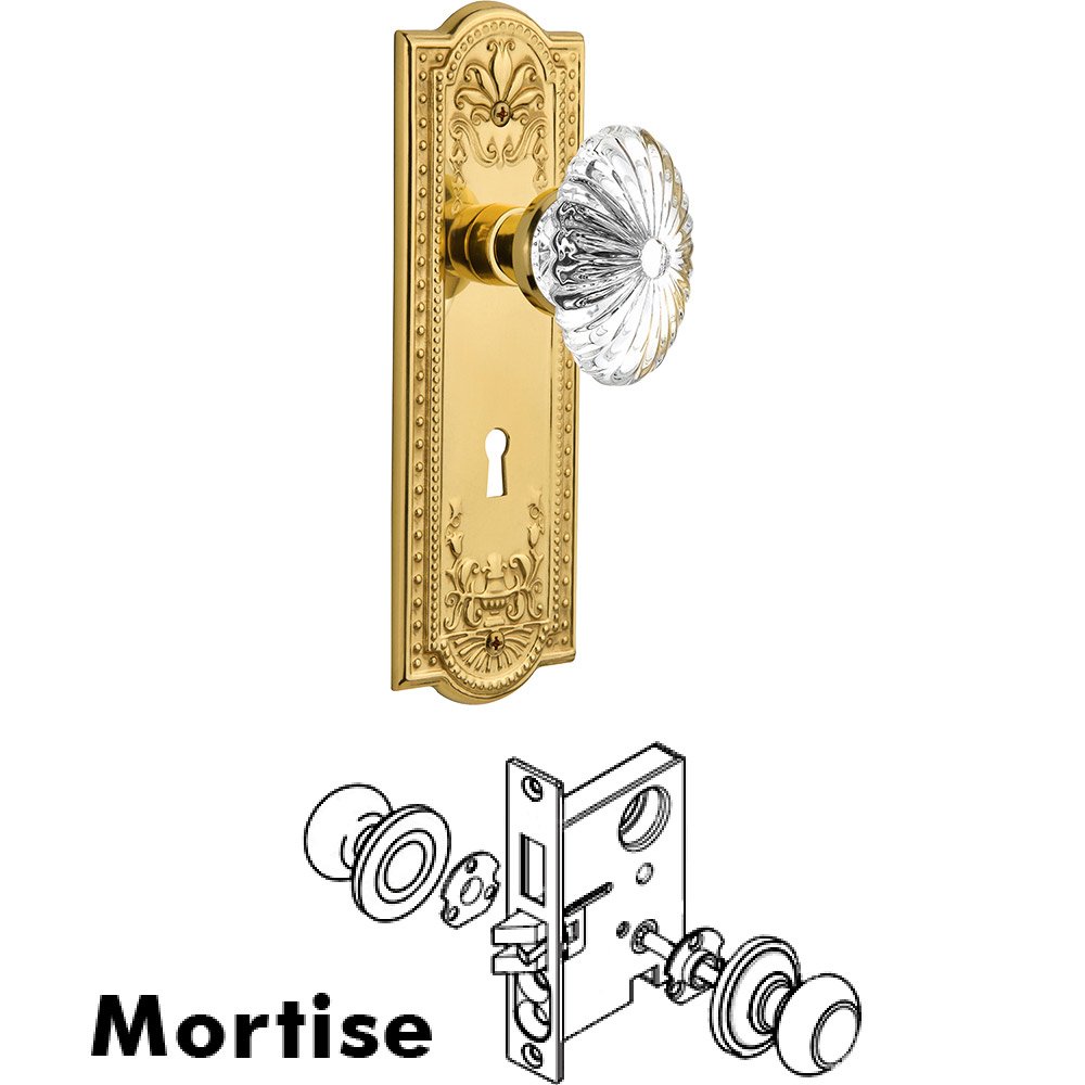 Nostalgic Warehouse Mortise Meadows Plate with Oval Fluted Crystal Knob and Keyhole in Unlacquered Brass