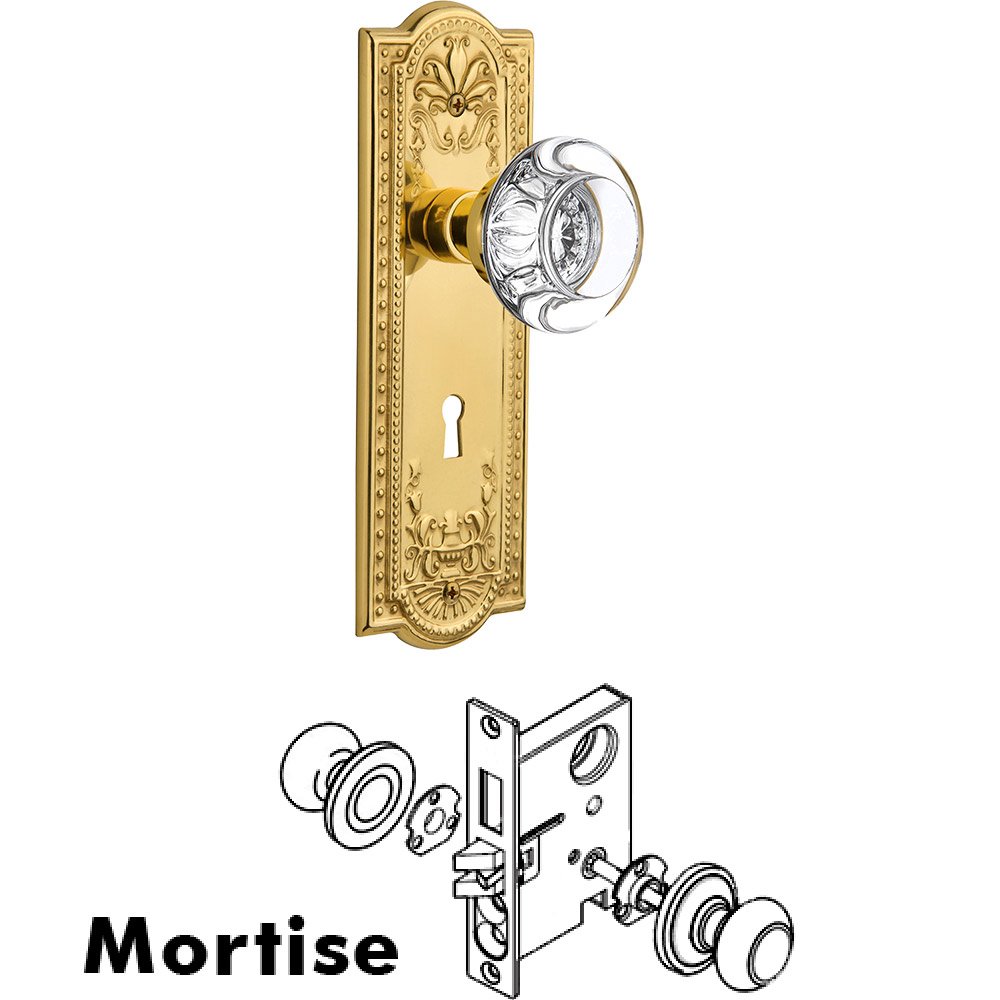 Nostalgic Warehouse Mortise Meadows Plate with Round Clear Crystal Knob and Keyhole in Unlacquered Brass