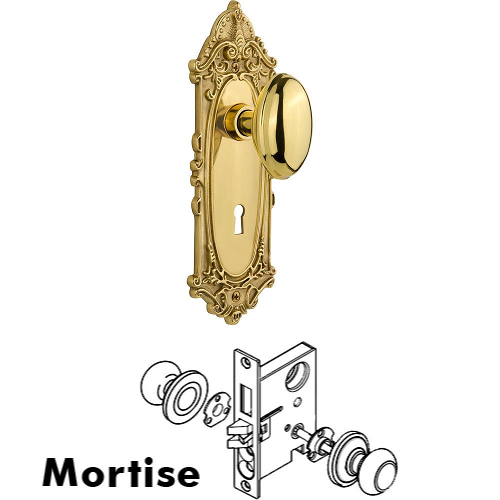 Nostalgic Warehouse Mortise Victorian Plate with Homestead Knob and Keyhole in Unlacquered Brass