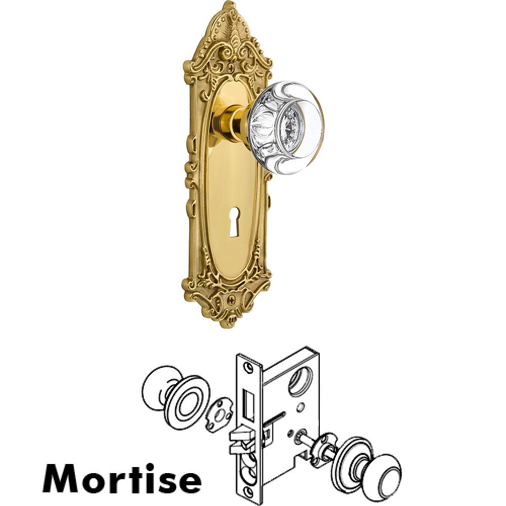 Nostalgic Warehouse Mortise Victorian Plate with Round Clear Crystal Knob and Keyhole in Unlacquered Brass