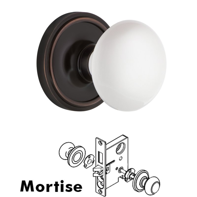 Nostalgic Warehouse Complete Mortise Lockset with Keyhole - Classic Rosette with White Porcelain Door Knob in Timeless Bronze