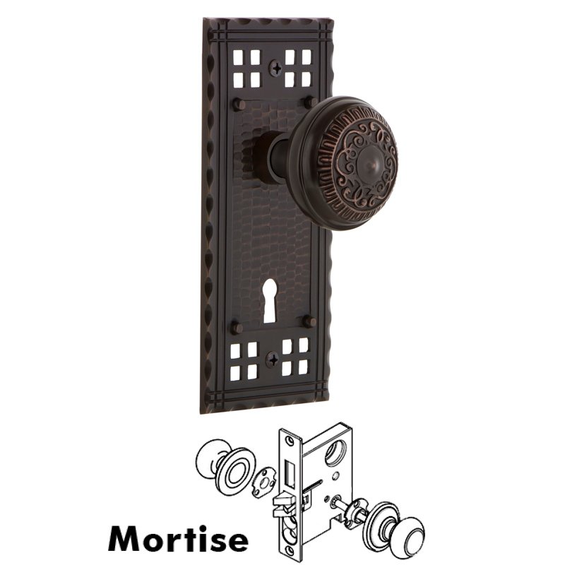 Nostalgic Warehouse Complete Mortise Lockset with Keyhole - Craftsman Plate with Egg & Dart Door Knob in Timeless Bronze