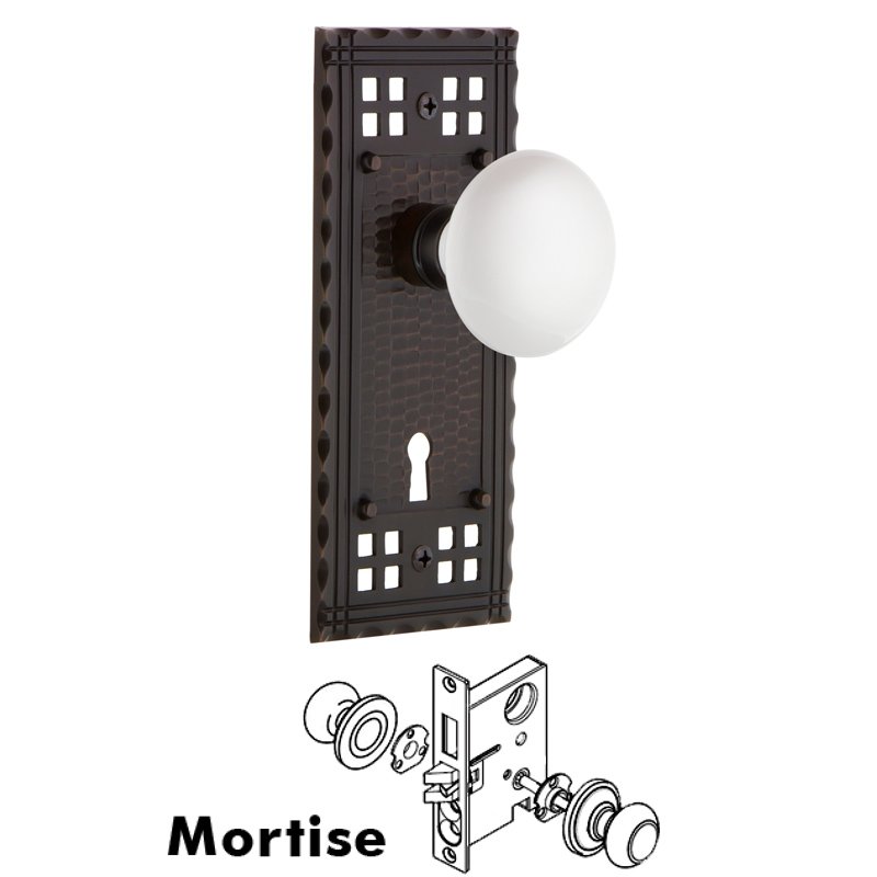 Nostalgic Warehouse Complete Mortise Lockset with Keyhole - Craftsman Plate with White Porcelain Door Knob in Timeless Bronze