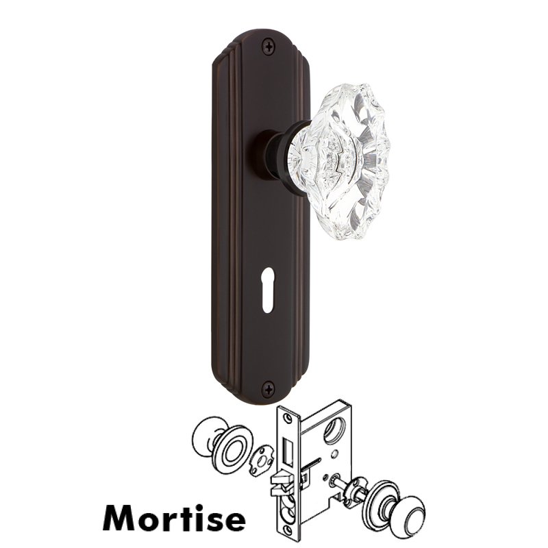 Nostalgic Warehouse Complete Mortise Lockset with Keyhole - Deco Plate with Chateau Door Knob in Timeless Bronze