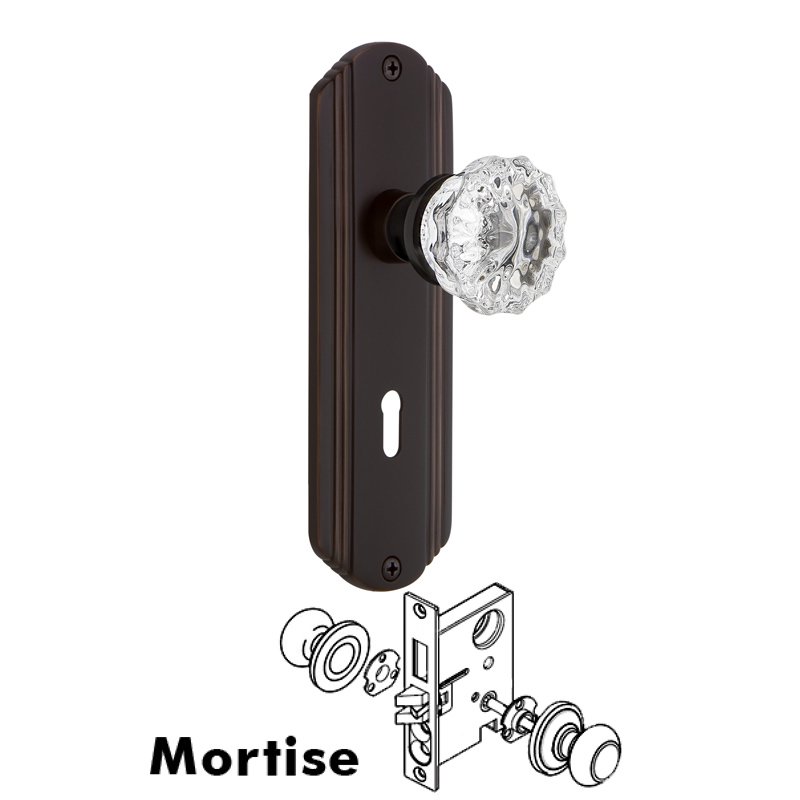 Nostalgic Warehouse Complete Mortise Lockset with Keyhole - Deco Plate with Crystal Glass Door Knob in Timeless Bronze