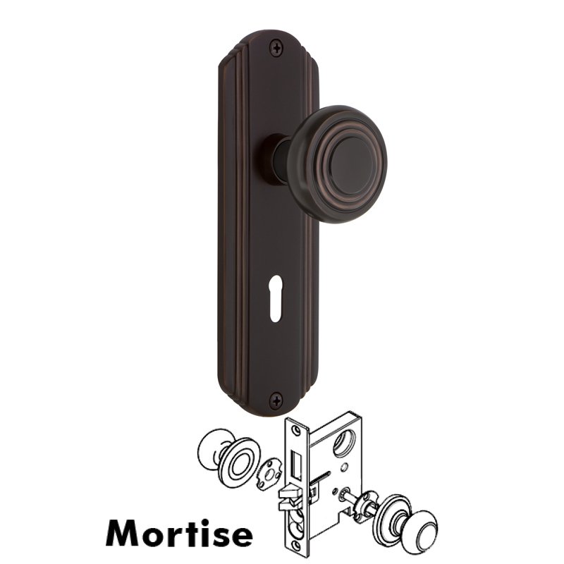 Nostalgic Warehouse Complete Mortise Lockset with Keyhole - Deco Plate with Deco Door Knob in Timeless Bronze