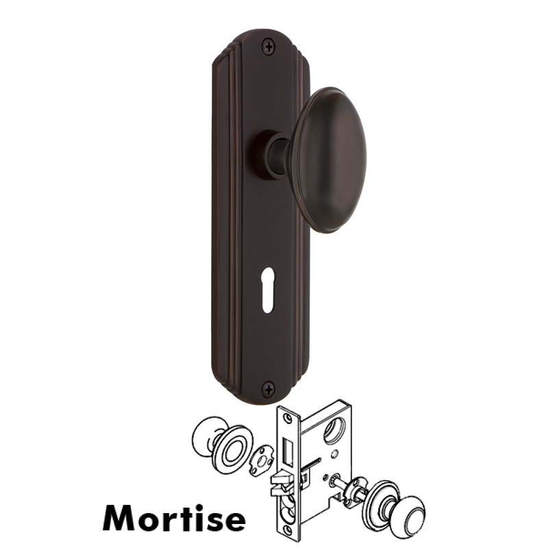Nostalgic Warehouse Complete Mortise Lockset with Keyhole - Deco Plate with Homestead Door Knob in Timeless Bronze