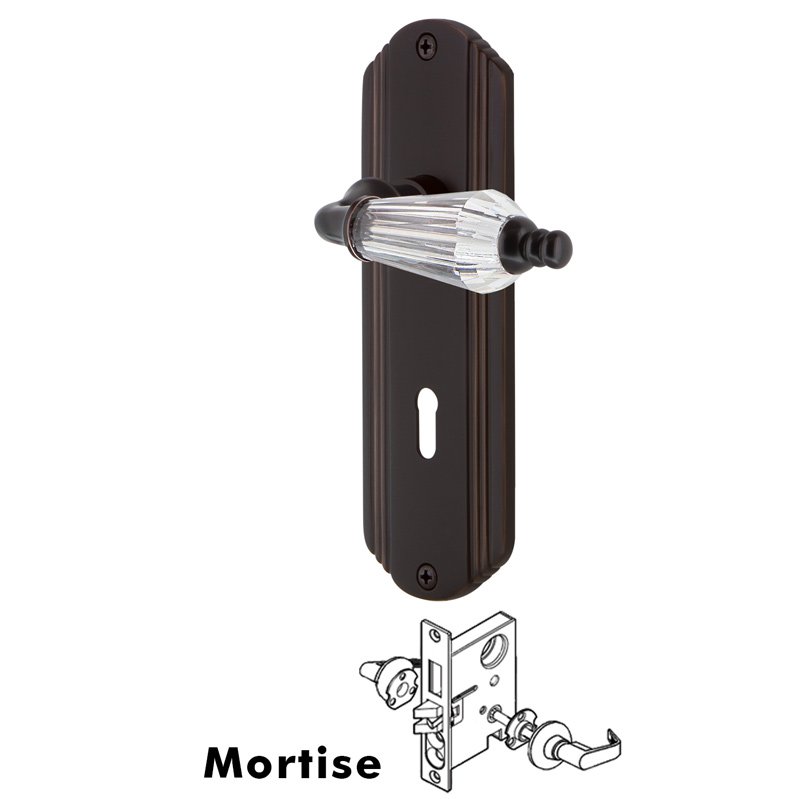 Nostalgic Warehouse Complete Mortise Lockset with Keyhole - Deco Plate with Parlor Lever in Timeless Bronze