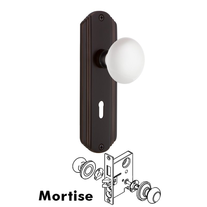 Nostalgic Warehouse Complete Mortise Lockset with Keyhole - Deco Plate with White Porcelain Door Knob in Timeless Bronze