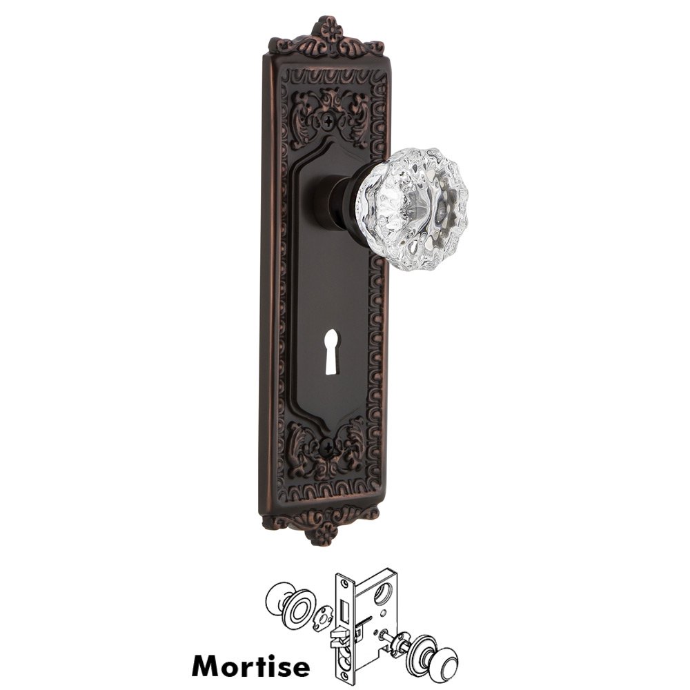 Nostalgic Warehouse Complete Mortise Lockset with Keyhole - Egg & Dart Plate with Crystal Glass Door Knob in Timeless Bronze