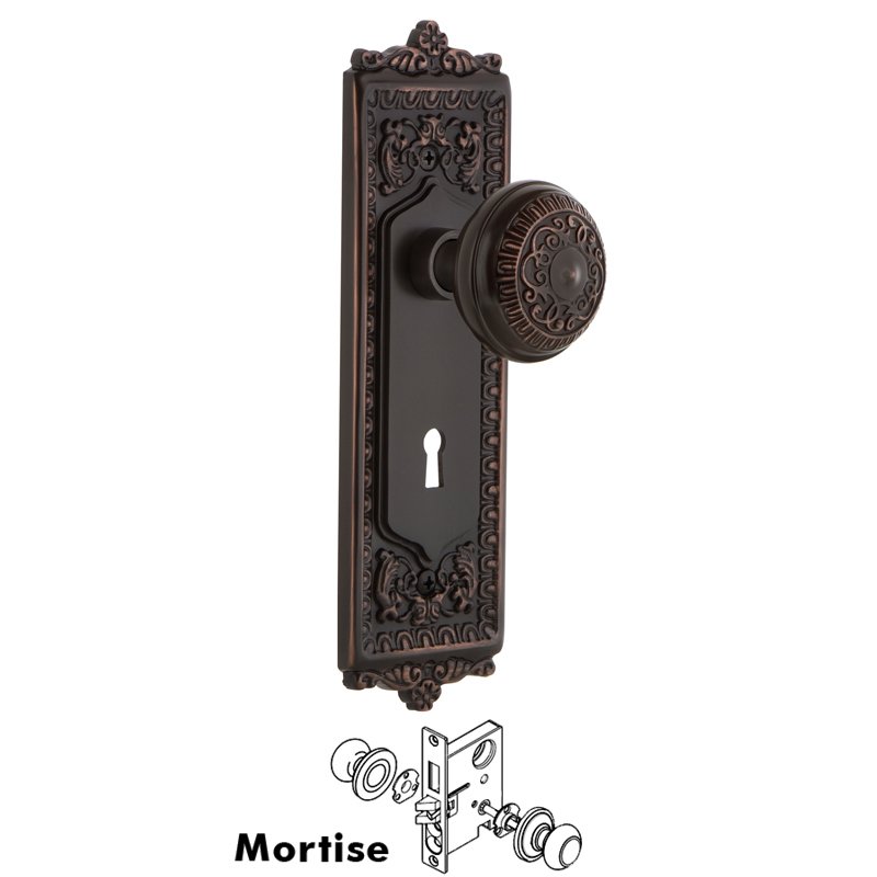 Nostalgic Warehouse Complete Mortise Lockset with Keyhole - Egg & Dart Plate with Egg & Dart Door Knob in Timeless Bronze