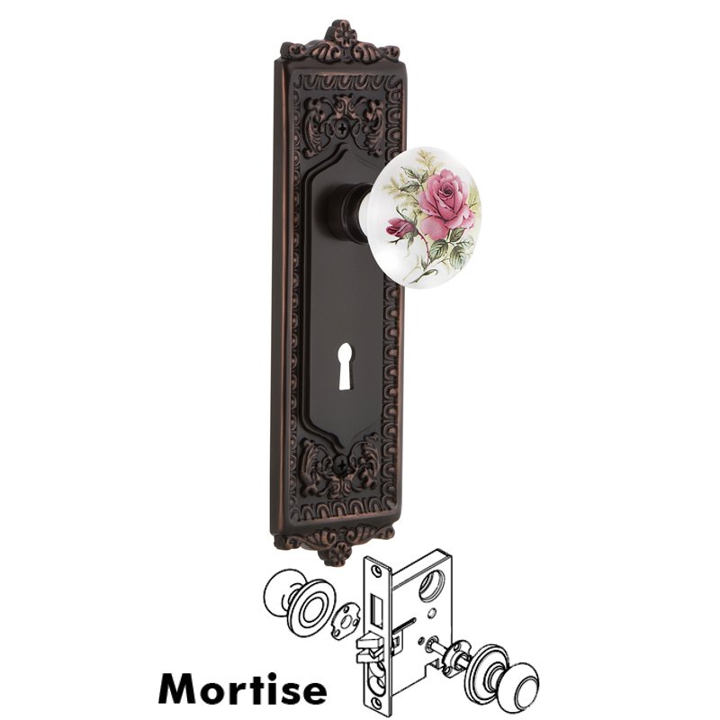 Nostalgic Warehouse Complete Mortise Lockset with Keyhole - Egg & Dart Plate with White Rose Porcelain Door Knob in Timeless Bronze