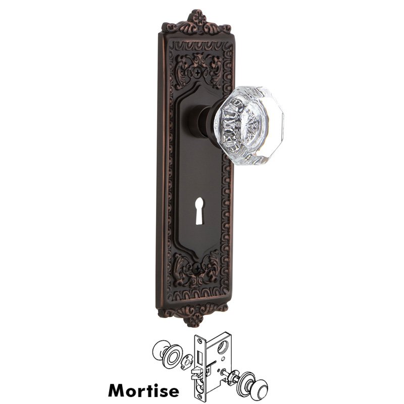 Nostalgic Warehouse Complete Mortise Lockset with Keyhole - Egg & Dart Plate with Waldorf Door Knob in Timeless Bronze