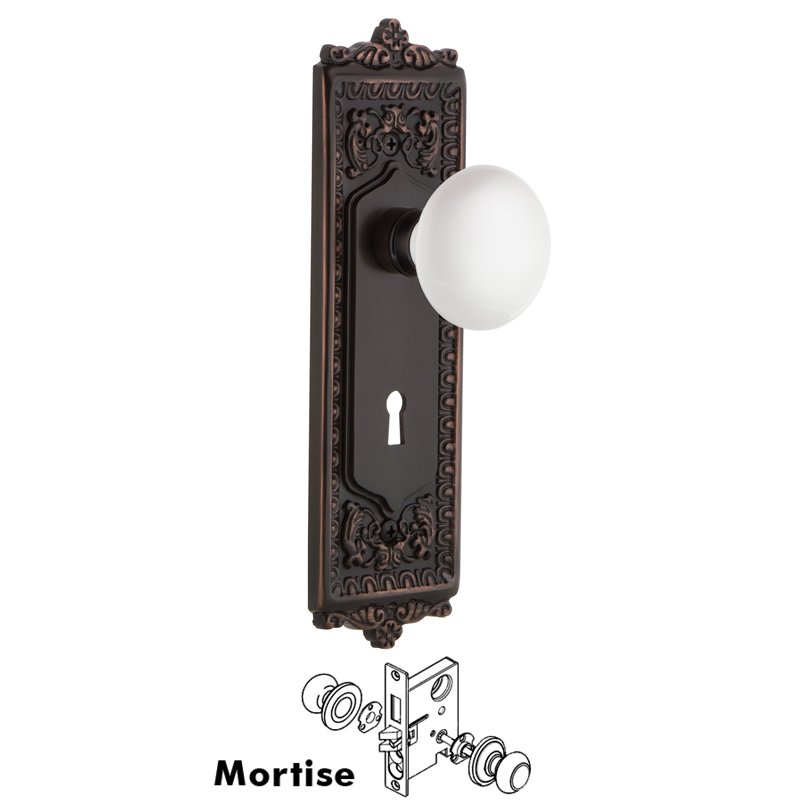Nostalgic Warehouse Complete Mortise Lockset with Keyhole - Egg & Dart Plate with White Porcelain Door Knob in Timeless Bronze